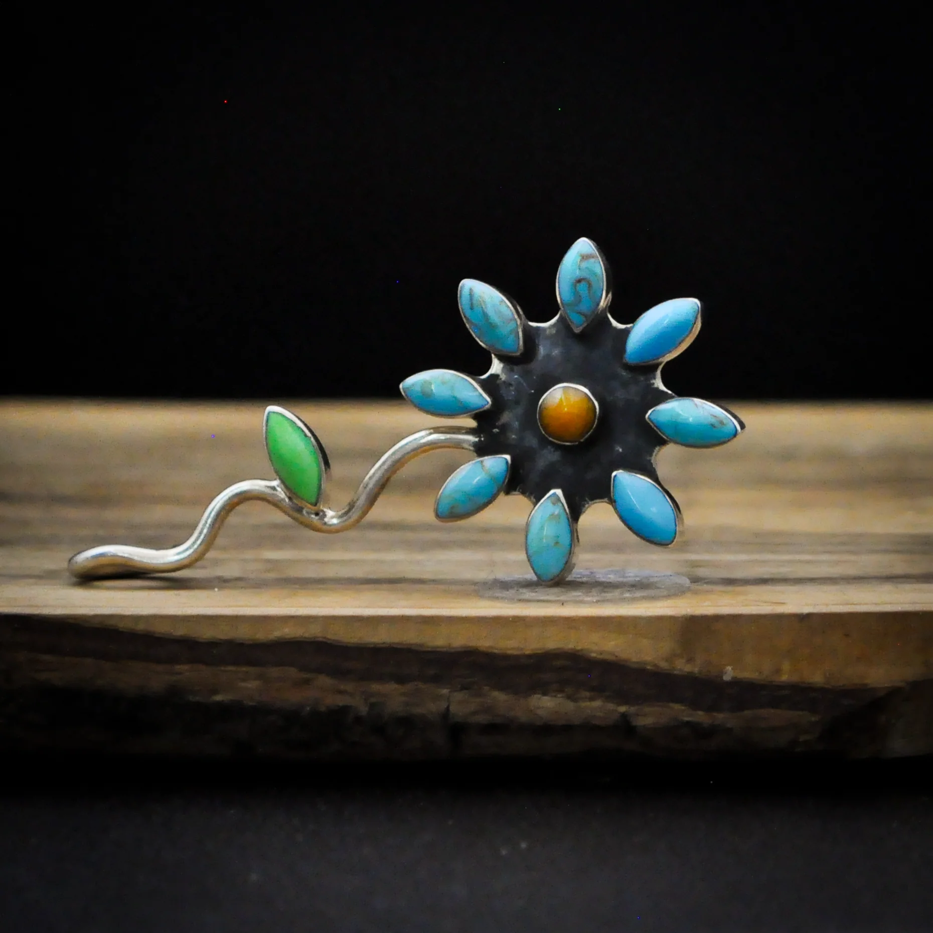 Sterling Silver Floral Cluster Pendant with Turquoise Petals and Green Leaf Accent - Native American Turquoise and Sterling Silver Floral Vine Necklace - Image 3