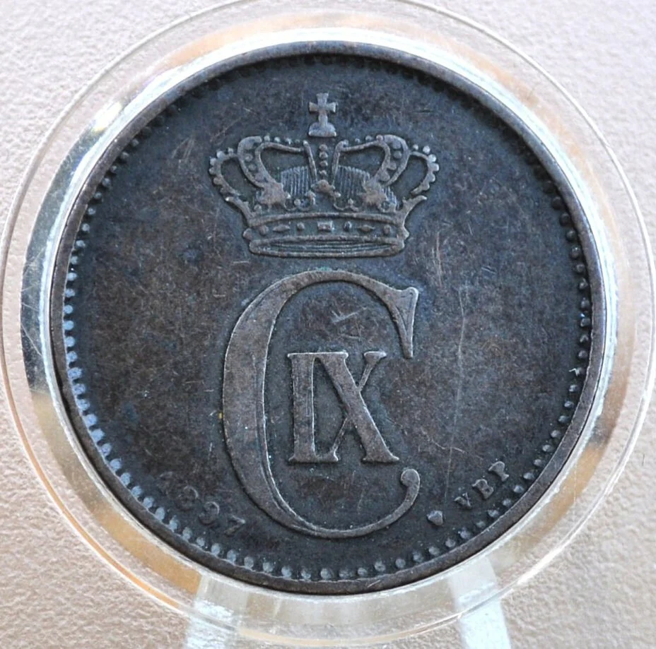 1800s Danish 2 Ore, Porpoise / Dolphin Coin - XF - 1800s Denmark Dolphin Coin / Porpoise Coin, Denmark 2 Ore 1897, 2 Ore 1881 - Image 2