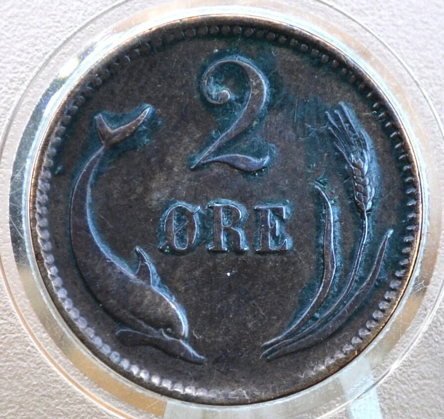 1800s Danish 2 Ore, Porpoise / Dolphin Coin - XF - 1800s Denmark Dolphin Coin / Porpoise Coin, Denmark 2 Ore 1897, 2 Ore 1881 - Image 3