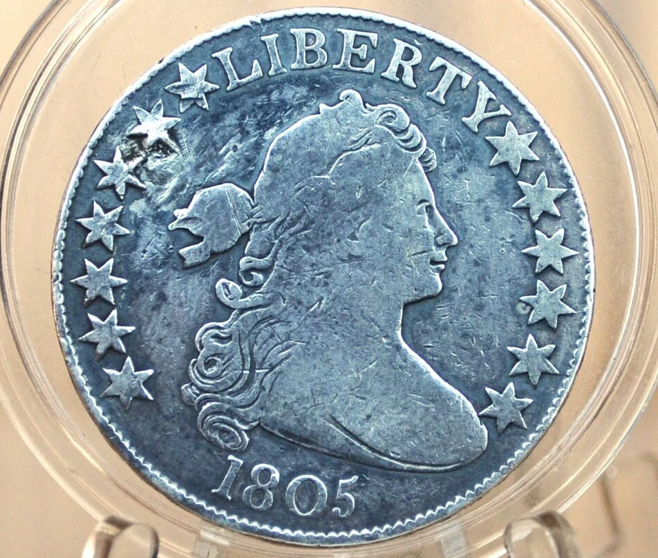 1805 Draped Bust Half Dollar - Fine Details, Holed / Plugged - 1805 Half Dollar US Half Dollar 1805 Early American Coin, Scarce, Authentic - Image 4