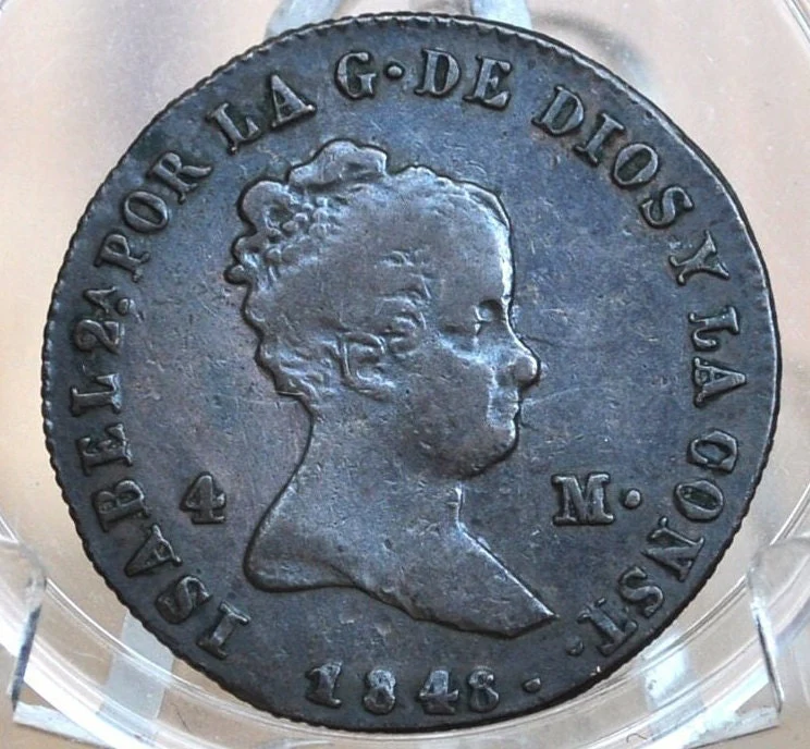1848 Spanish 4 Maravedis - High Level of Detail - Isabel II of Spain - Copper - Spain Isabel II Coin - Four Maravedis 1848 - Image 4