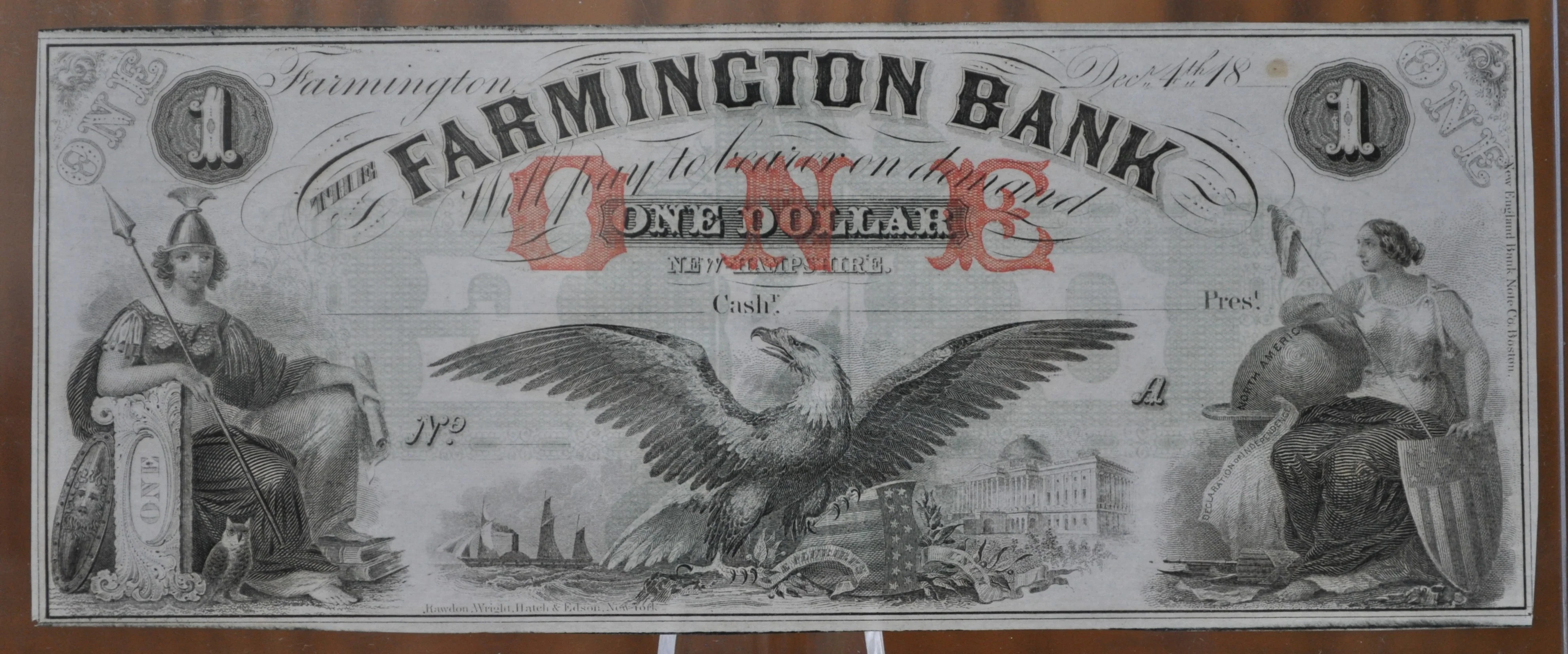1860s Farmington Bank 1 Dollar Paper Banknote, Farmington NH - Uncirculated - One Dollar Note Farmington New Hampshire 1860s - Image 3