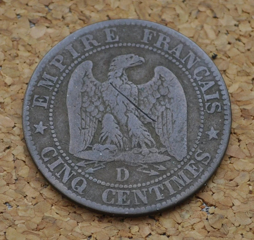 1853 French 5 Centimes Coin-  Cinq Centimes 1853-D France - Very Good Grade - Napoleon III - Great Old Coin from France Coin 1853-D, Paris - Image 2