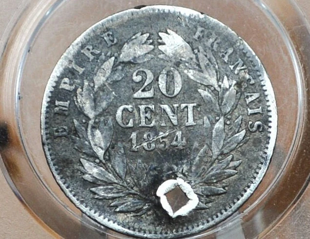 1854 French 20 Centimes Coin - Great Details, Damaged - Napoleon III - - Image 2