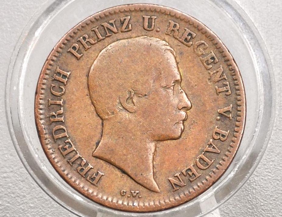 1856 German States 1 Kreuzer - Grand Duchy of Baden - Fine Grade - Frederick I - - Image 2