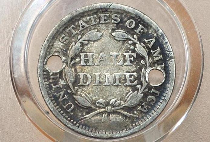 1856 Half Dime - XF, Holed - 1856 Seated Liberty Half Dime - Early American Coin - 1856 Silver Half Dime Liberty Seated - Image 2