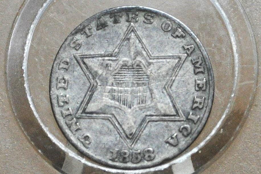 1858 Three Cent Silver US Coin, Rarer Date - Choose by Grade / Coin - 1858 3 Cent Trimes Silver 3 Cent Pieces - Great Collection Coin - Image 3