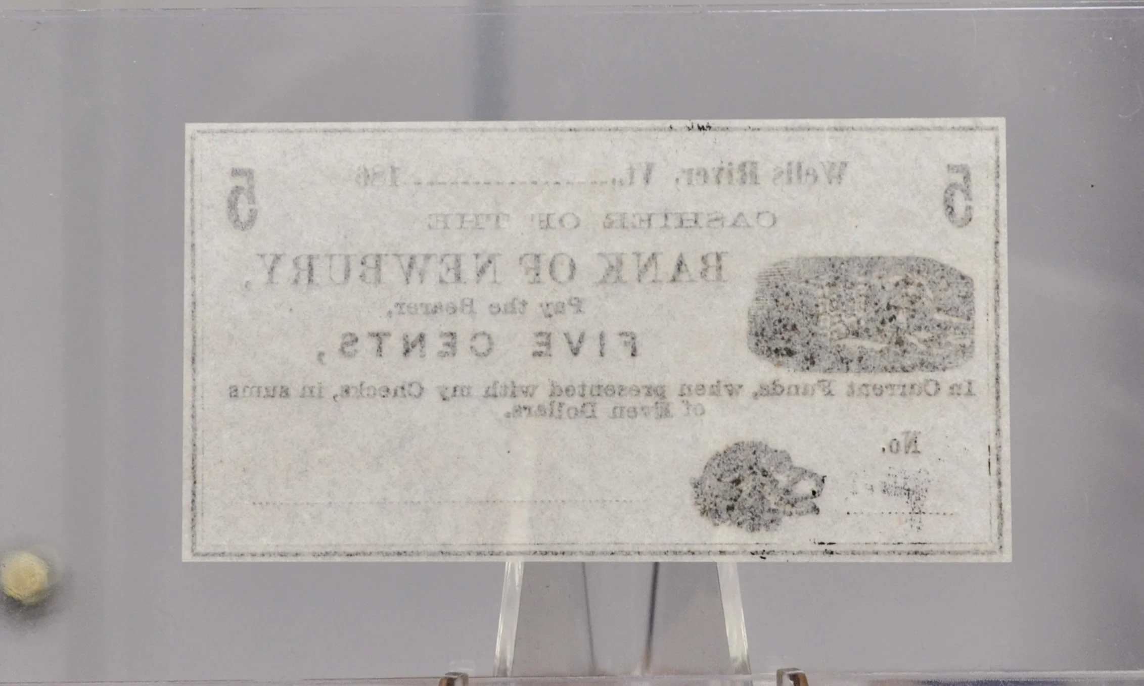 1860s Bank of Newbury 5 Cents Merchant Scrip Note - Unissued Remainder - Vermont Obsolete - 1860s Wells River, VT Five Cent Fractional Note - Image 2