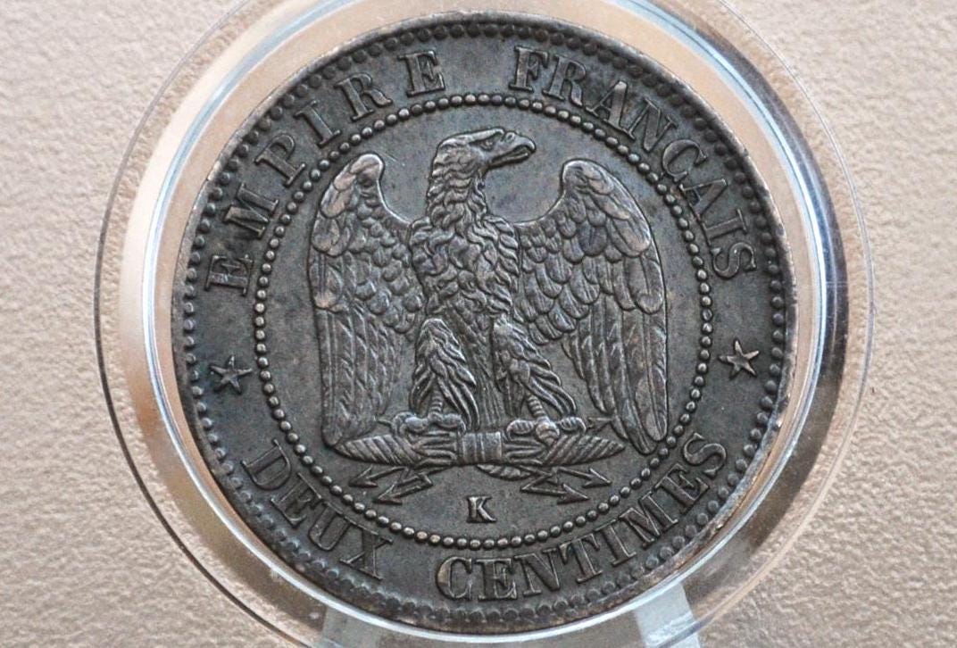 1862 K 2 Centimes Coin France - Choice AU (About Uncirculated) - Deux Centimes 1862 K France - Napoleon Iii - High Grade, Great Coin - Image 2