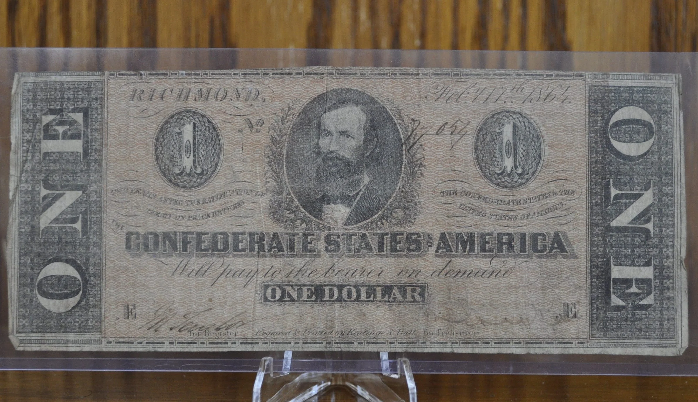1864 Confederate States of America 1 Dollar Bill - Civil War Issue Banknote - Confederate One Dollar Bill - T-71 / CS-71 - Image 3