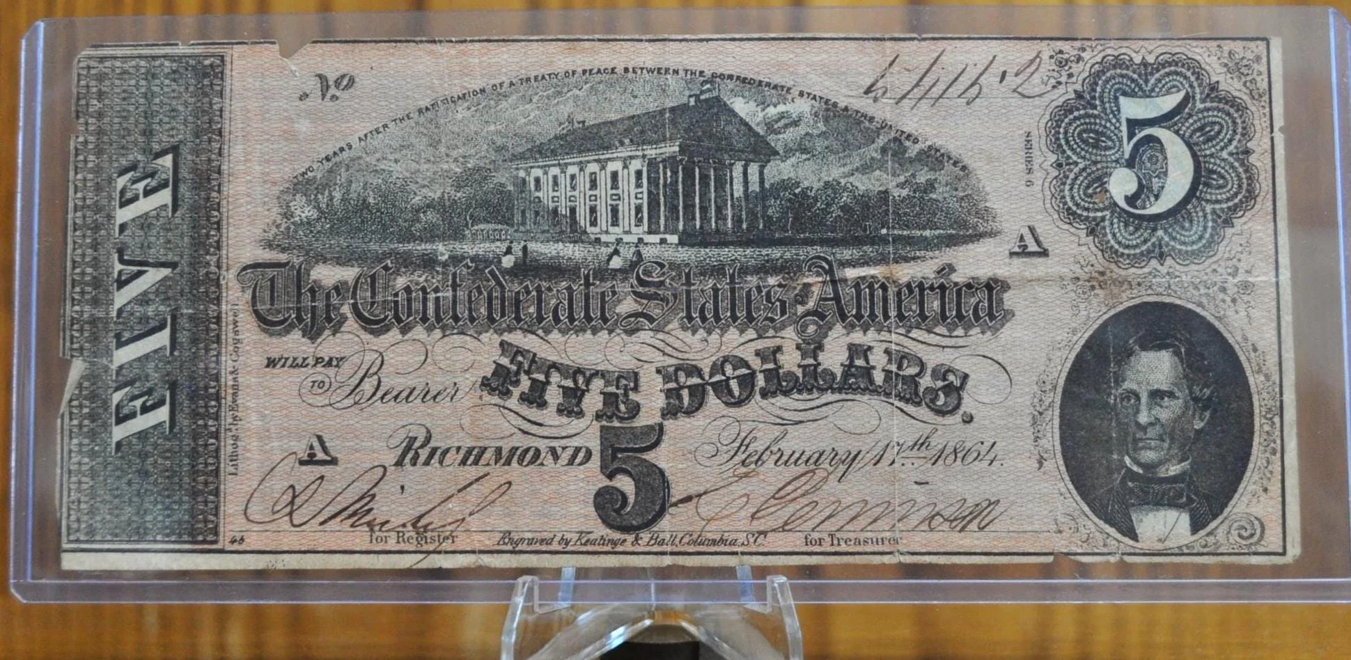 1864 Confederate States of America 5 Dollar Bill - Civil War Issue - Choice of Grade - Confederate Five Dollar Richmond Note - T-69 / CS-69 - Image 3