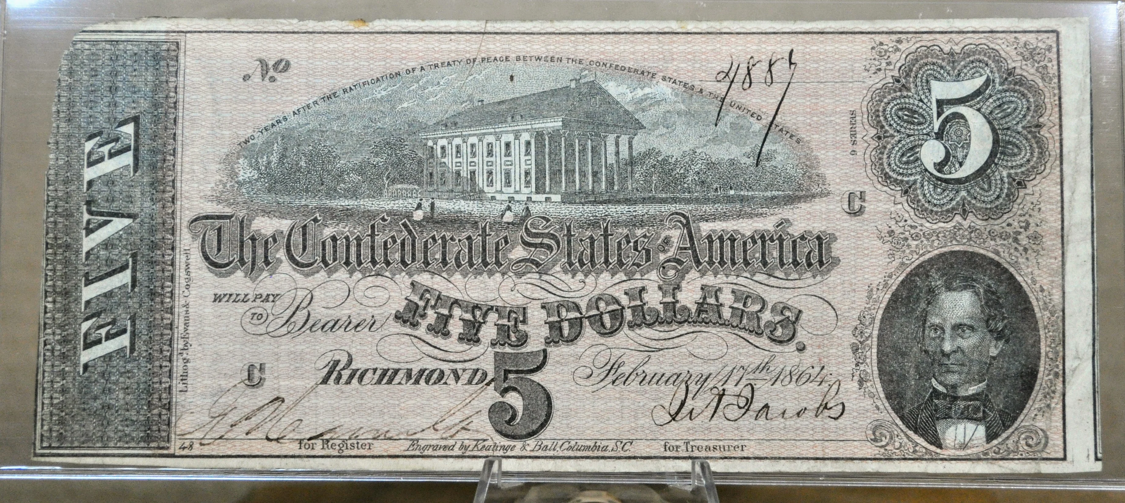 1864 Confederate States of America 5 Dollar Bill - Civil War Issue - Choice of Grade - Confederate Five Dollar Richmond Note - T-69 / CS-69 - Image 7