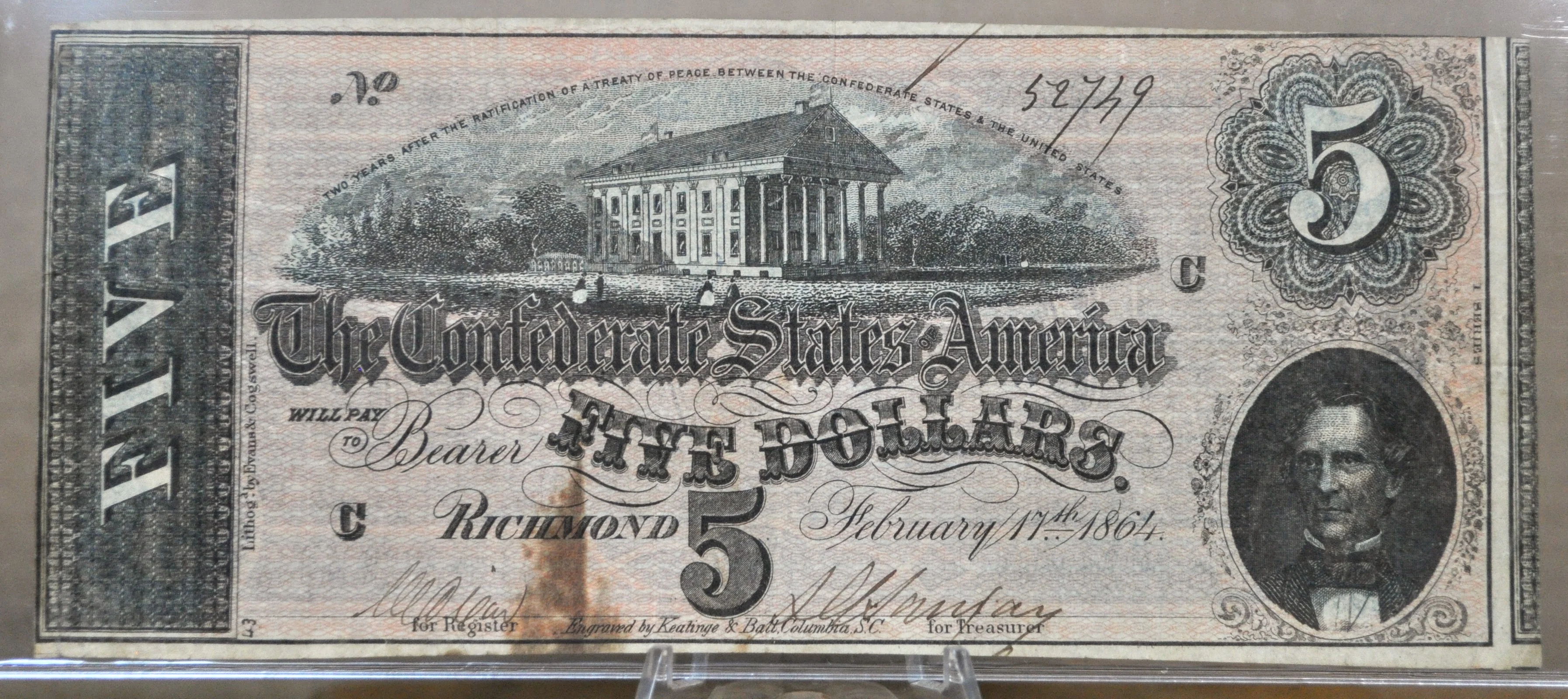 1864 Confederate States of America 5 Dollar Bill - Civil War Issue - Choice of Grade - Confederate Five Dollar Richmond Note - T-69 / CS-69 - Image 9