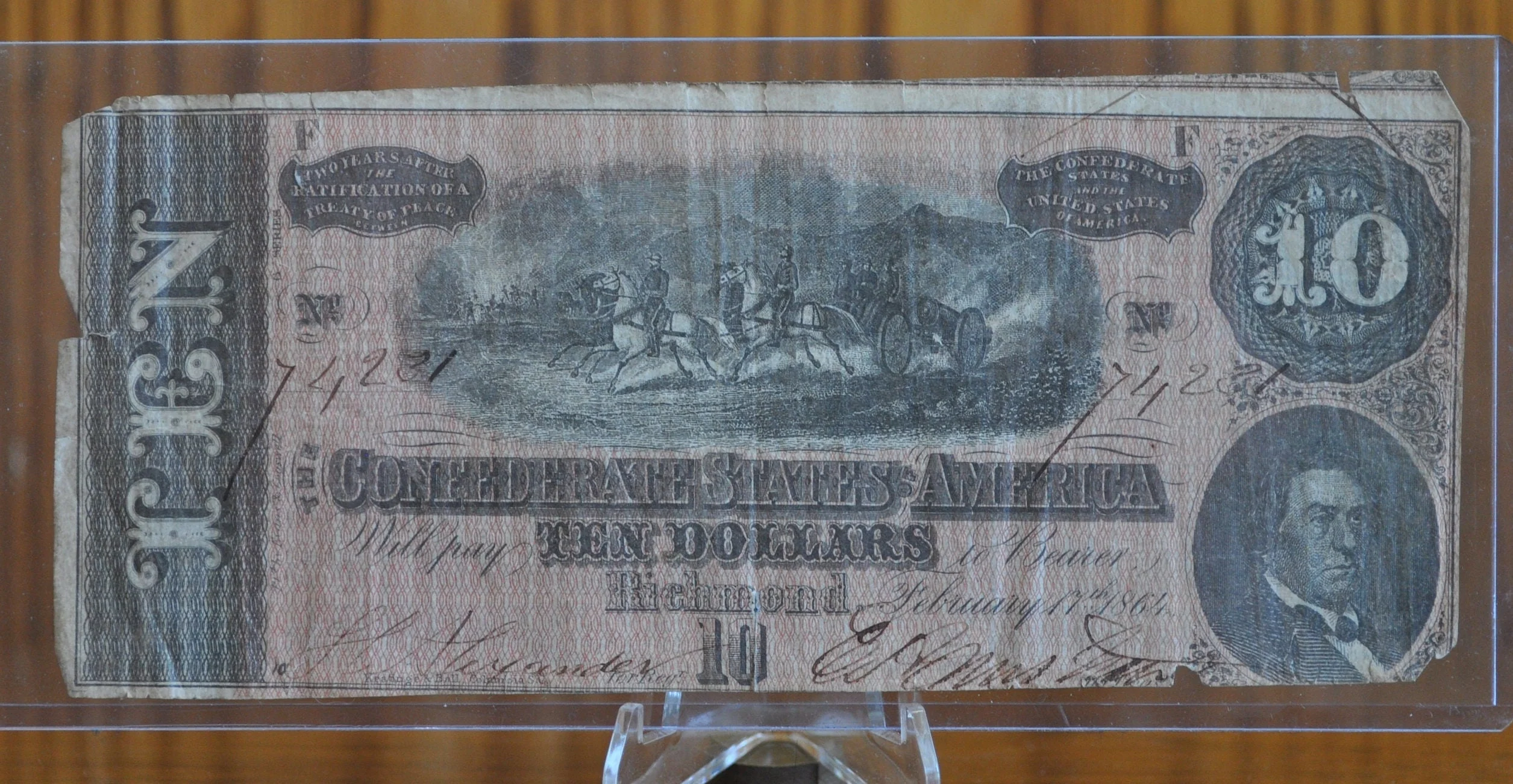 1864 Confederate States of America Ten Dollar Bill - Civil War Issue Banknote - Confederate 10 Dollar Bill - Richmond VA, T-68 / CS-68 - Image 5