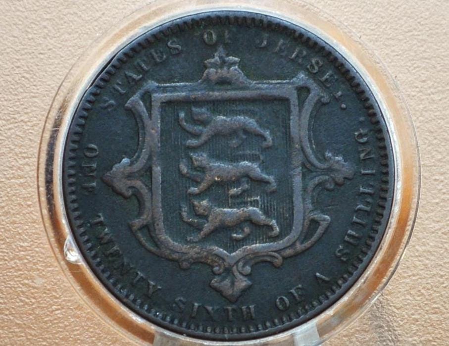 1866 States of Jersey 1⁄26 Shilling - XF Condition - UK One Twenty-Sixth Shilling 1866 - Queen Victoria Jersey Coin 1866, Rare - Image 2