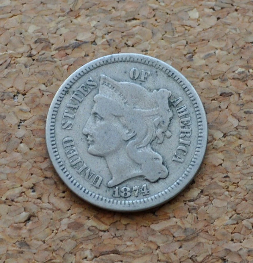 1874 Three Cent Nickel US Coin - F (Fine) Grade / Condition - Civil War Era - 3 Cent Nickel 1874 - Image 5