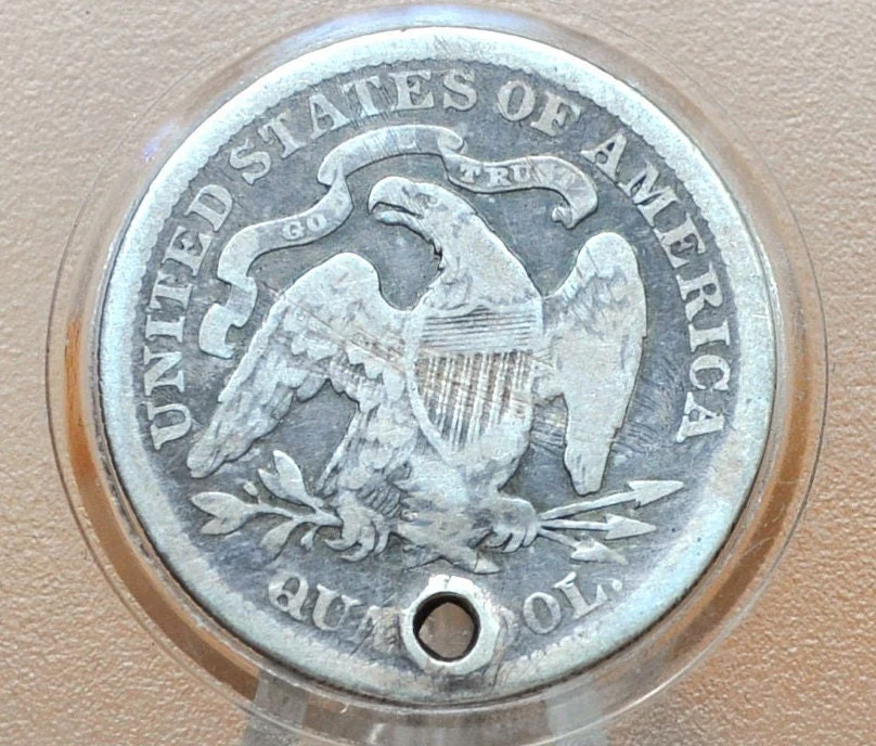 1877 Seated Liberty Quarter  - VG (Very Good) Details, Holed - 1877 Silver Quarter / 1877 Liberty Seated Quarter - Lower Mintage Date - Image 2
