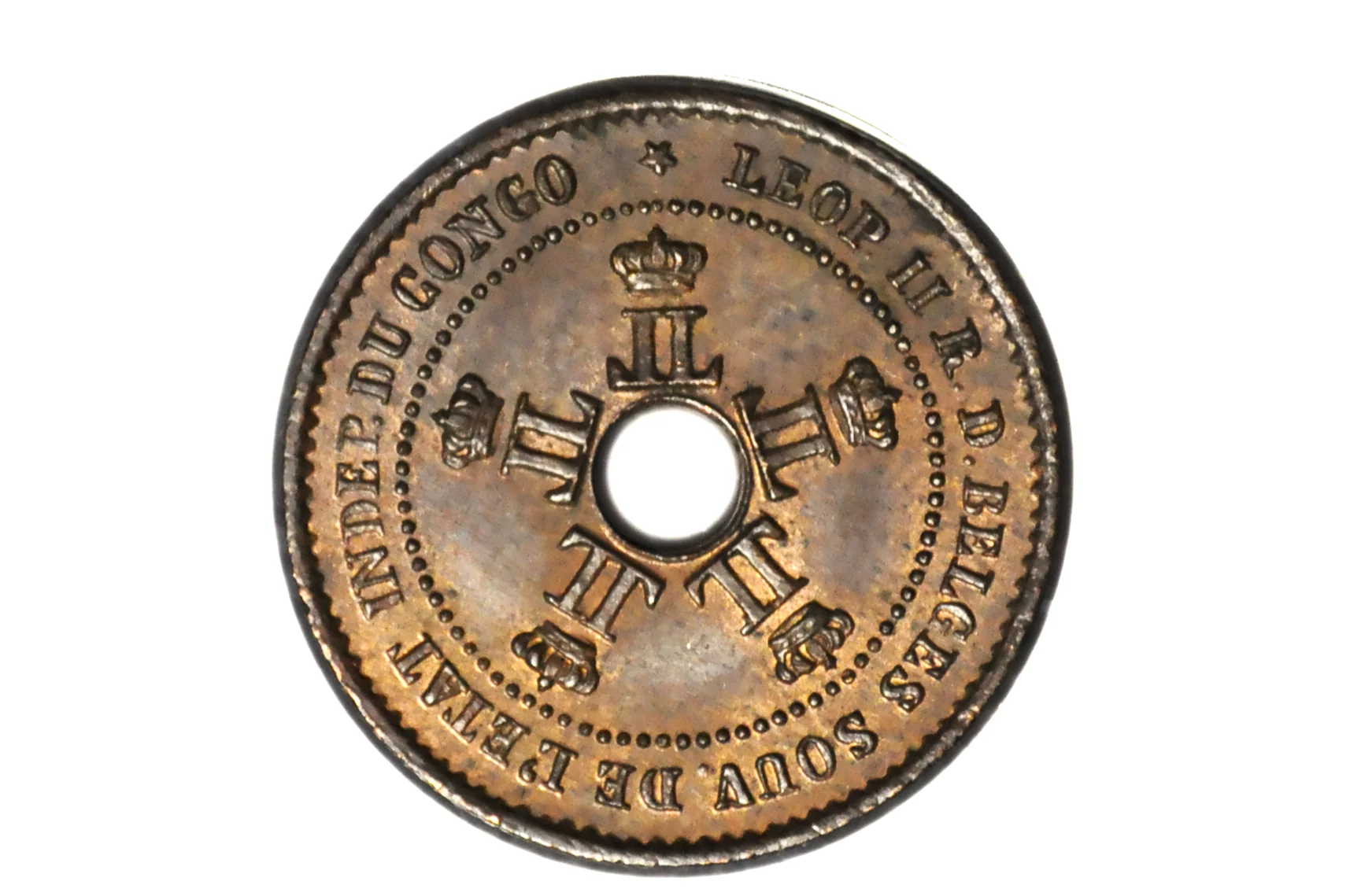 1888 Belgian Congo 1 Centime - Uncirculated, Beautiful Coin - Central Africa Coins - Congo Free State - Image 2