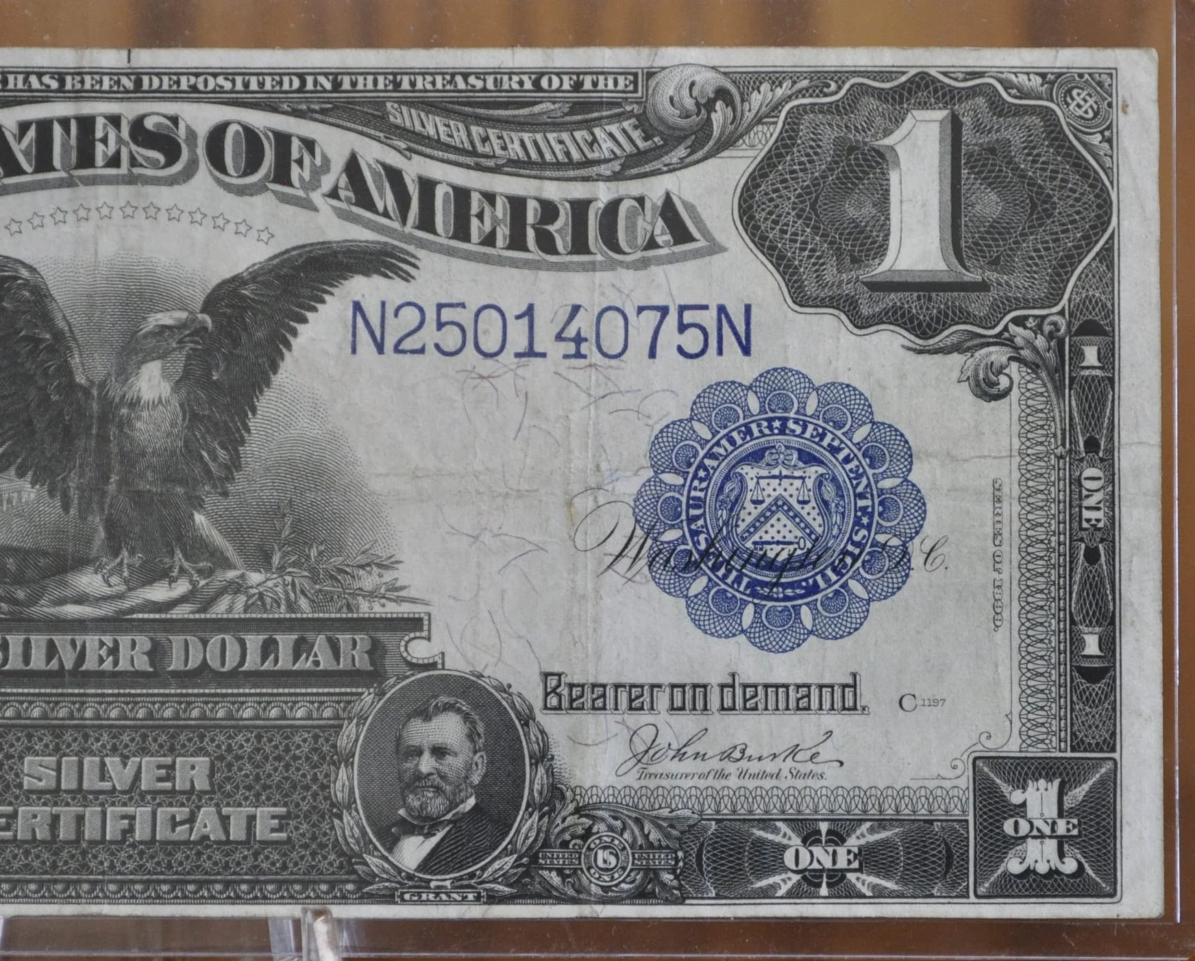 1899 1 Dollar Silver Cert. Black Eagle Fr#232 - XF+ Extremely Fine Grade - 1899 Black Eagle One Dollar Silver Certificate Fr232 Parker Burke - Image 4