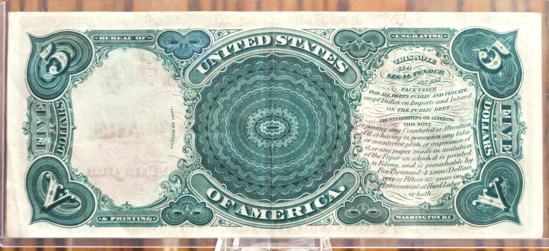 1907 5 Dollar United States Note, Woodchopper Note! Fr#88, AU Grade/Cond. 1907 Series Woodchopper 5 Dollar Bill Large Size 1907 Horseblanket - Image 2