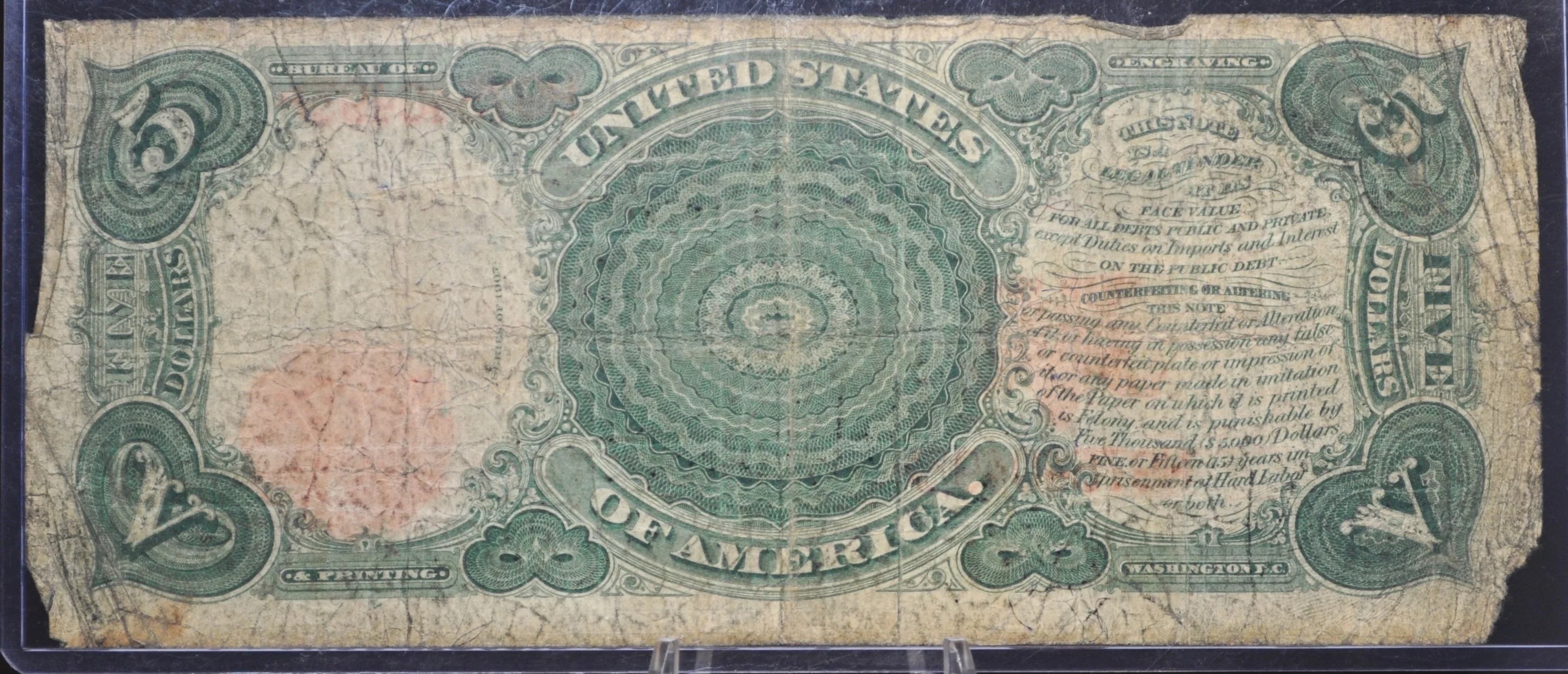 1907 5 Dollar United States Note, Woodchopper Note! Fr#91, G/VG Grade/Cond. 1907 Series Woodchopper 5 Dollar Bill Large Size 1907 Horseblanket - Image 2