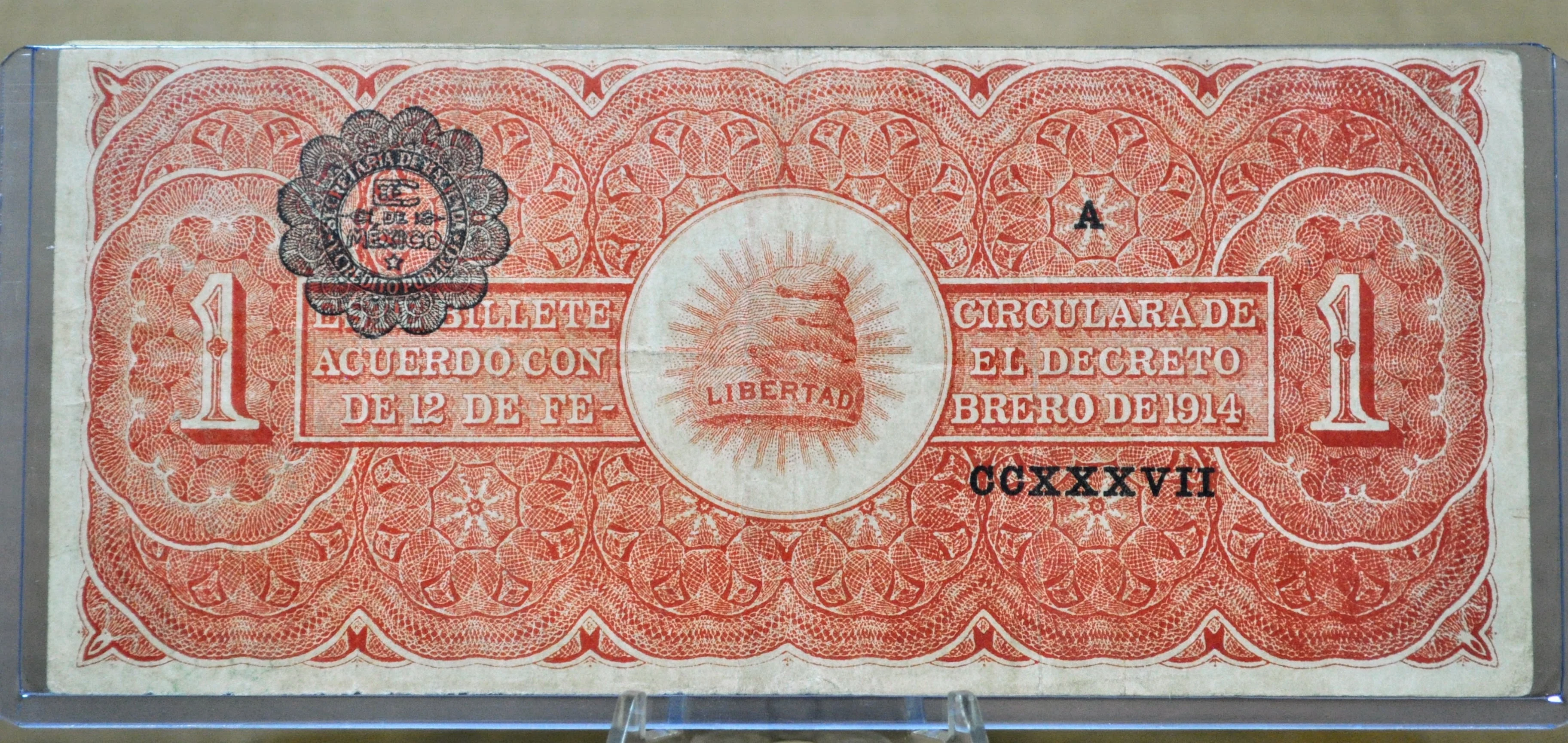 1914 Mexican Revolution 1 Peso Bank Note - Ejercito Constitutionalista de Mexico - Rarer 1914 Mexico One Peso Banknote - P#S523a - Image 2