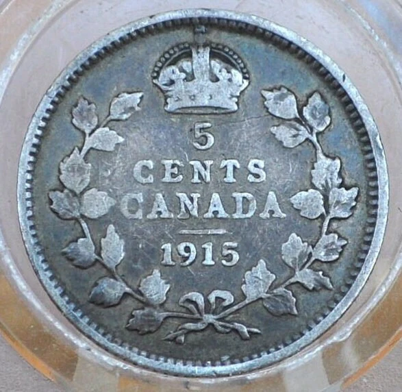 1915 Canadian Silver 5 Cent Coin - About Uncirculated, Toned, Nice Color - Canada 5 Cent Sterling Silver 1915 Canada - Lower Mintage - Image 3