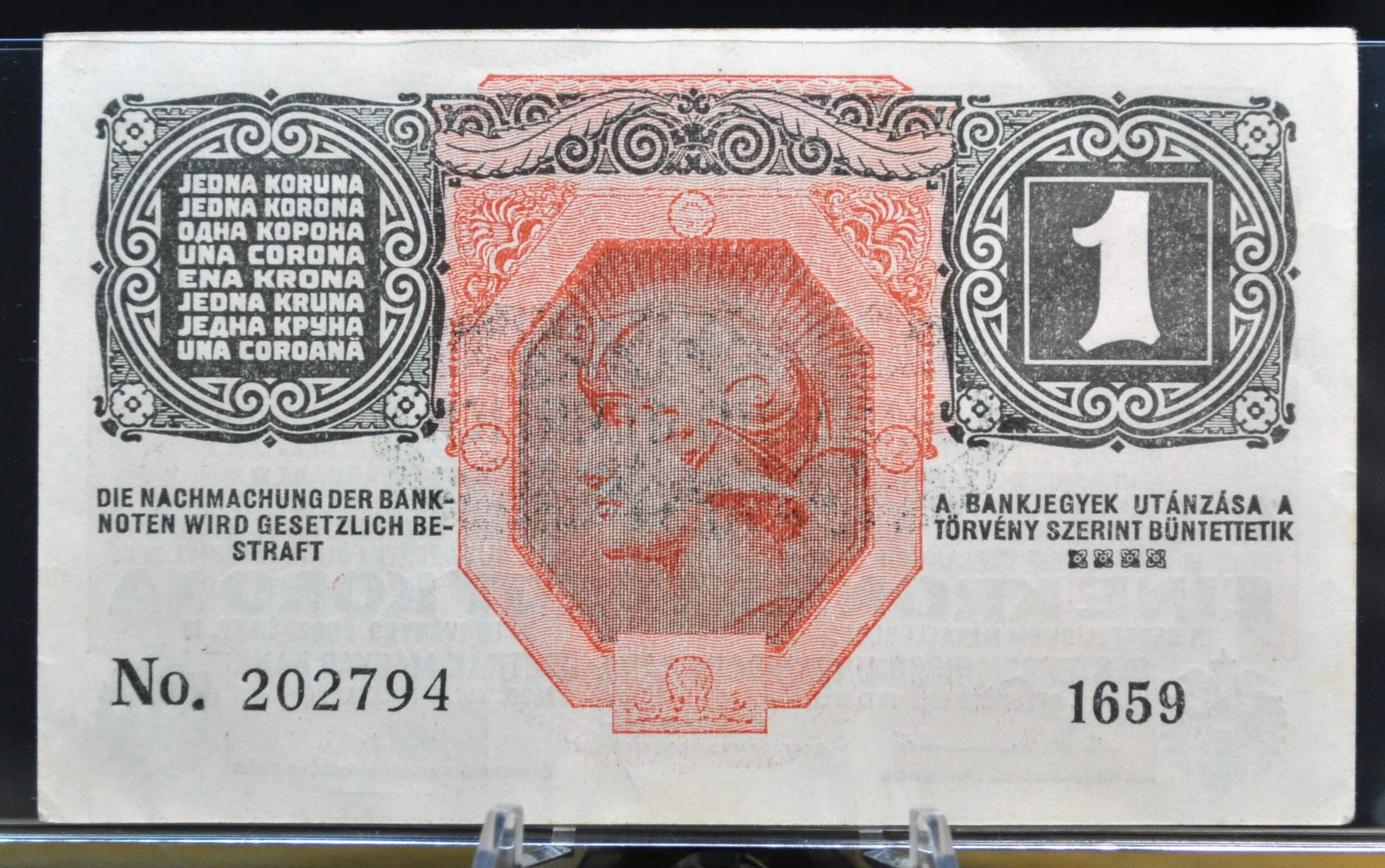 1919 (1916) Austria-Hungary 1 Krone Note - 1919 Austria Overprint - 8 Languages Issue - 1916 Austria-Hungary One Krone Stamped Note - P#49 - Image 2