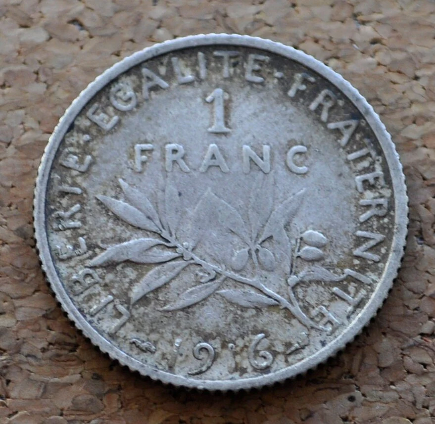 1916 French 1 Franc Coin - Silver Franc - WWI Era - France Silver 1 Franc Coin - 1916 One Franc - Image 6