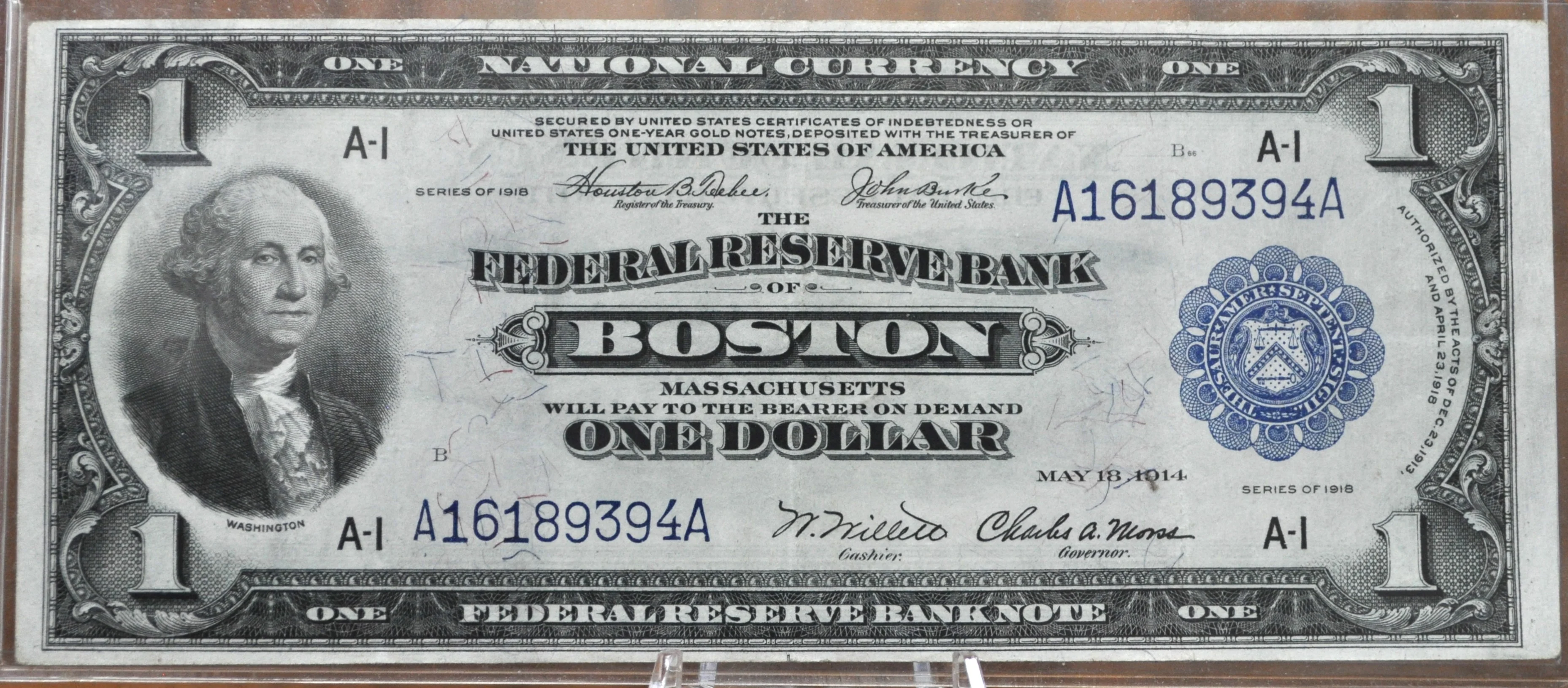 1918 1 Dollar Federal Reserve Note Large Size Fr709 - AU, Crisp Note - Chicago - 1918 One Dollar National Currency Note Fr#709 - Image 3