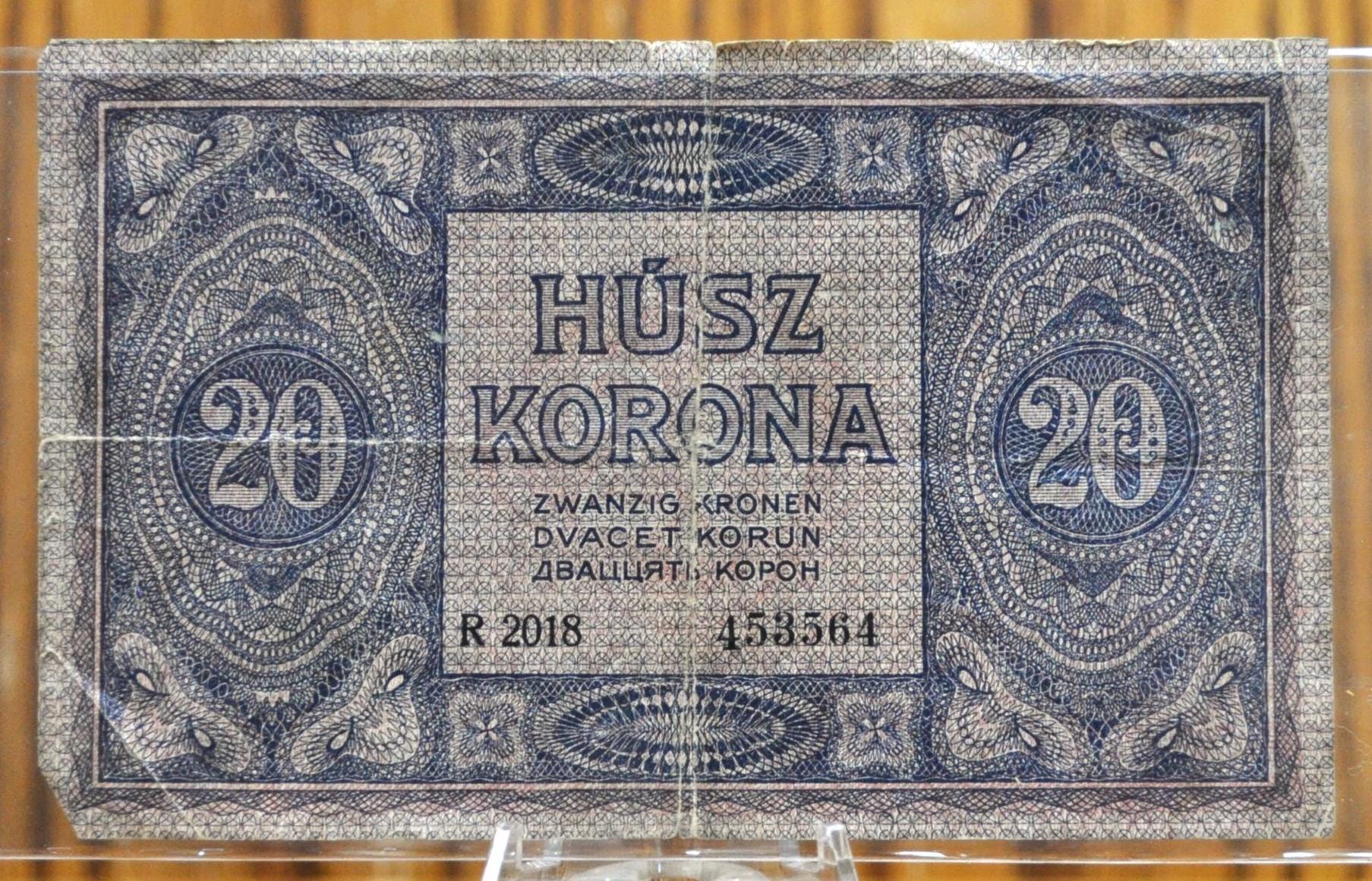 1919 Hungary 20 Korona Note - Rare Post-WWI Hungary Banknote - Second Issue Note, August Date - 1919 Hungarian Twenty Korona Note - P#42 - Image 2