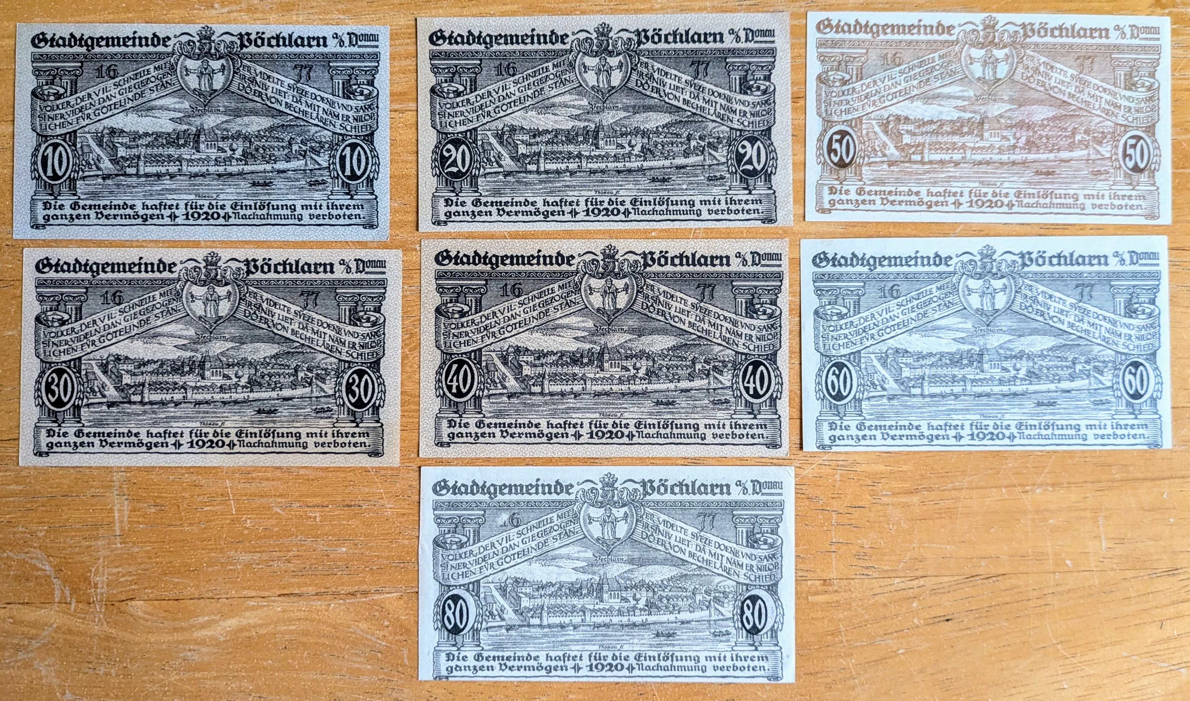 Rare 1920 Pochlarn Austria Heller Notgeld Complete Set - 10, 20, 30, 40, 50, 60, 80 Heller - 1920 Austria Emergency Note Full Heller Set - Image 3