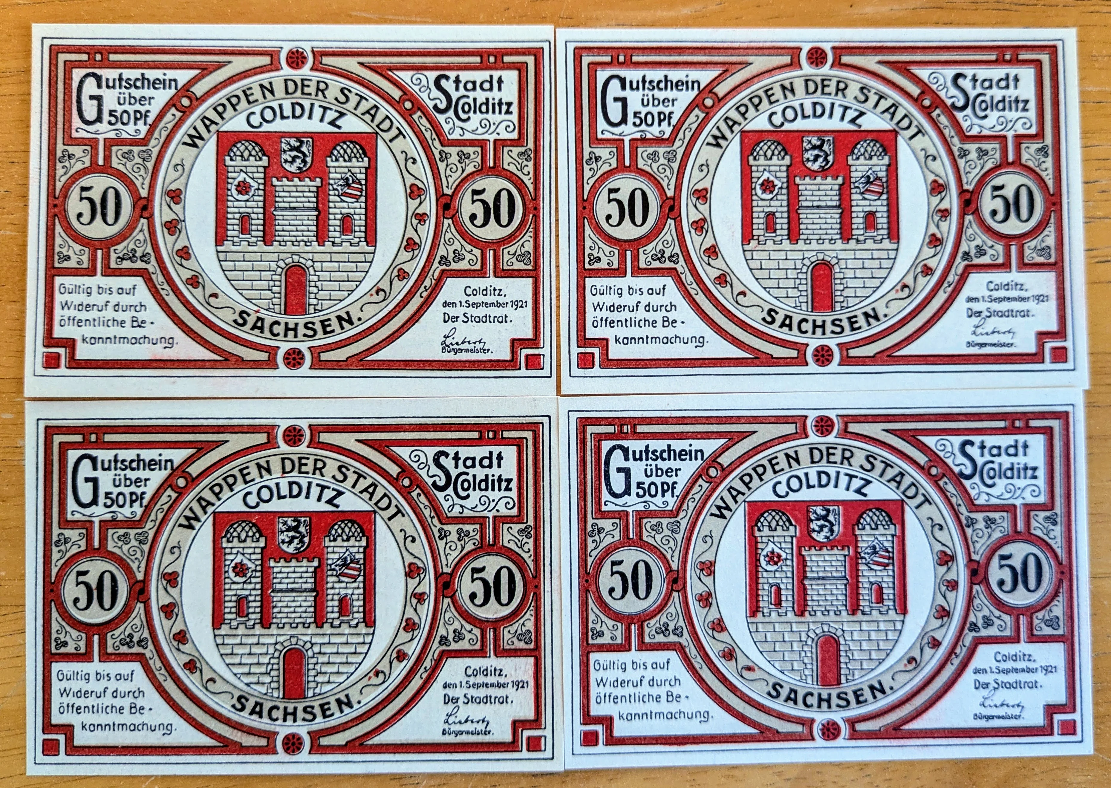 1921 Colditz Germany 50 Pfennig Notgeld Set - Set of 4 Different Backs- German Emergency Currency - 1921 German Fifty Pfennig Note Set - Image 2
