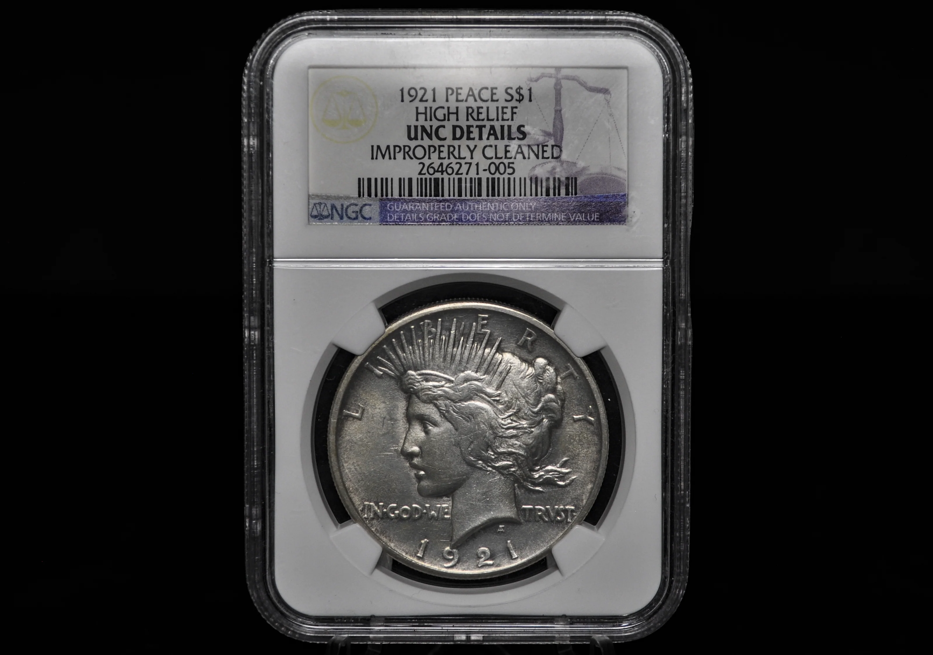 1921 Peace Dollar - Unc. Details, Cleaned, NGC - 1921 High Relief Peace Dollar Silver - Rarer Coin, Nice Detail - Image 4