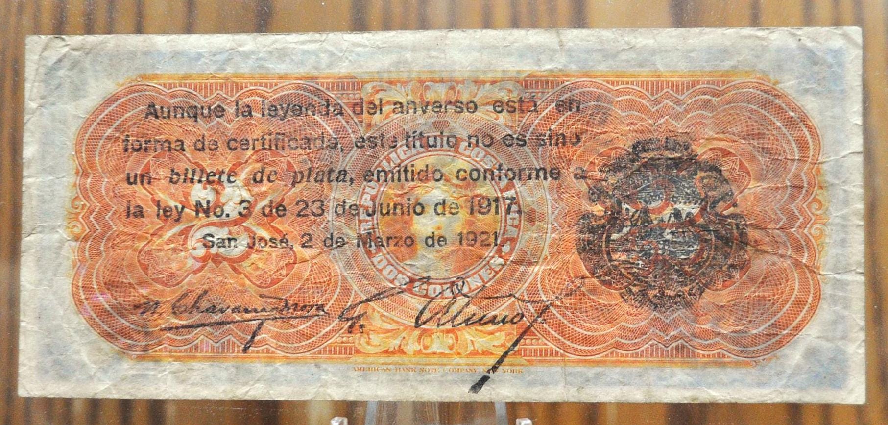 1921 Republica de Costa Rica 2 Colones Silver Note - RARE Note - Reverse Overprint - 1921 Costa Rican Two Colones Silver Banknote - P#152 - Image 2