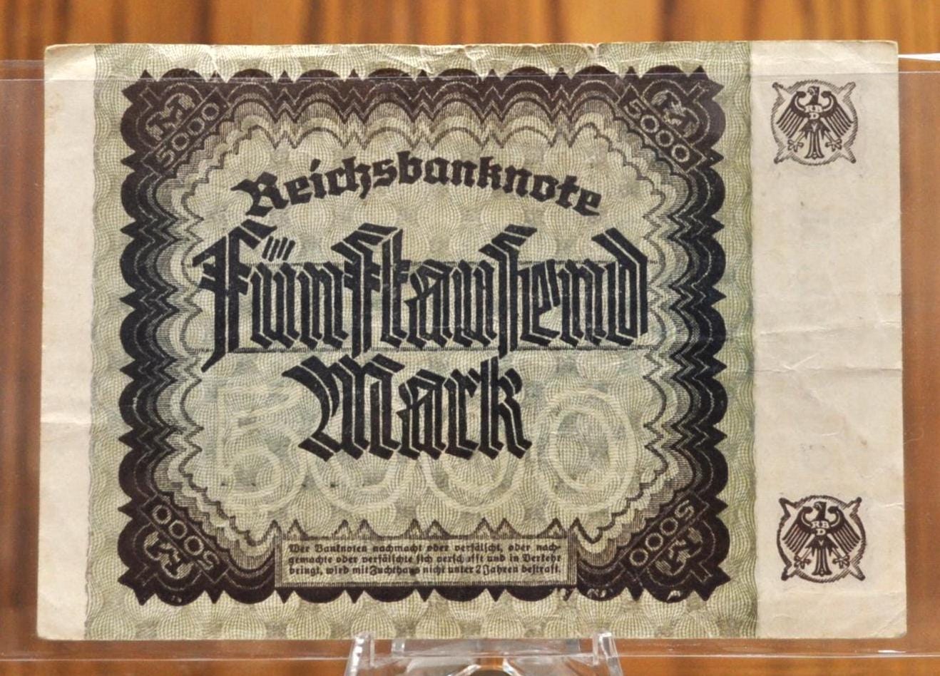 1922 5000 Mark German Paper Note - Reichsbanknote - Choice of Lattice or Star Watermark - 1922 Five Thousand Mark Germany Note - P#81a/81b - Image 4