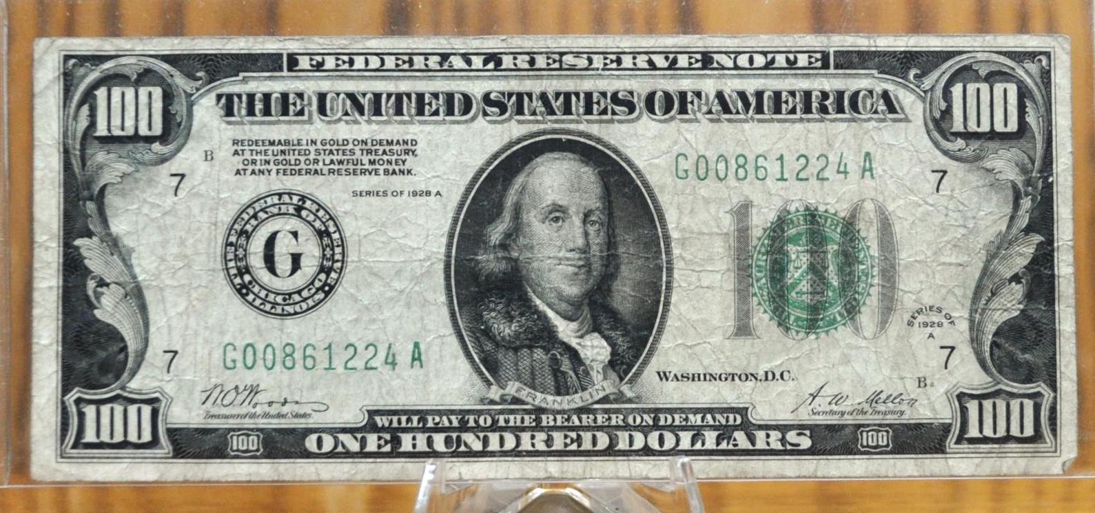 1928A Federal Reserve 100 Dollar Note - Dark Green Seal - Chicago (G) - Redeemable in Gold - 1928 A One Hundred Dollar IL Note - Fr.2151-G - Image 3