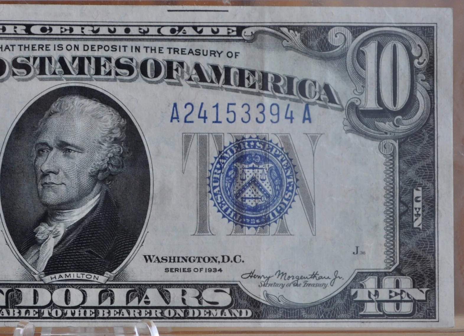 1934 10 Dollar Silver Certificate - AU (About Uncirculated) Grade / Condition - Blue Seal 1934 Ten Dollar Silver Cert - Fr#1701, Fr1701 - Image 4