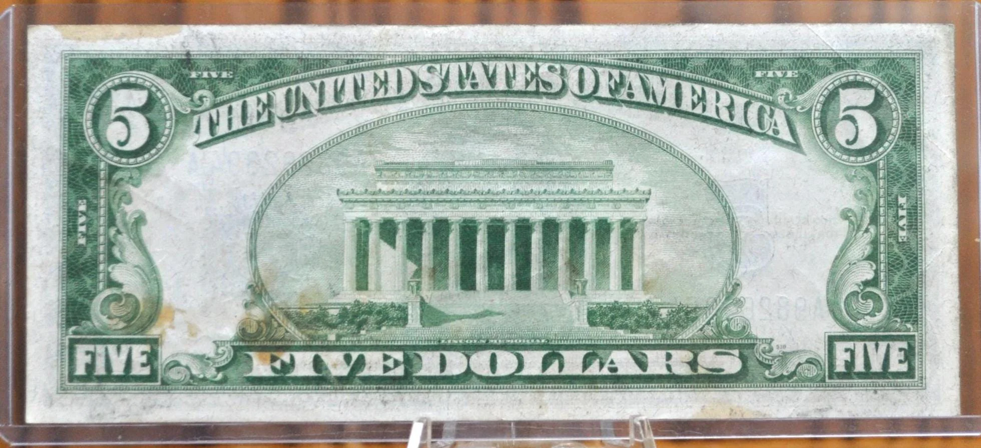 1934 5 Dollar Silver Certificate Blue Seal - AU, Some Stains - 1934 Five Dollar Silver Certificate 1934 Fr1650 / Fr#1650 - Image 2