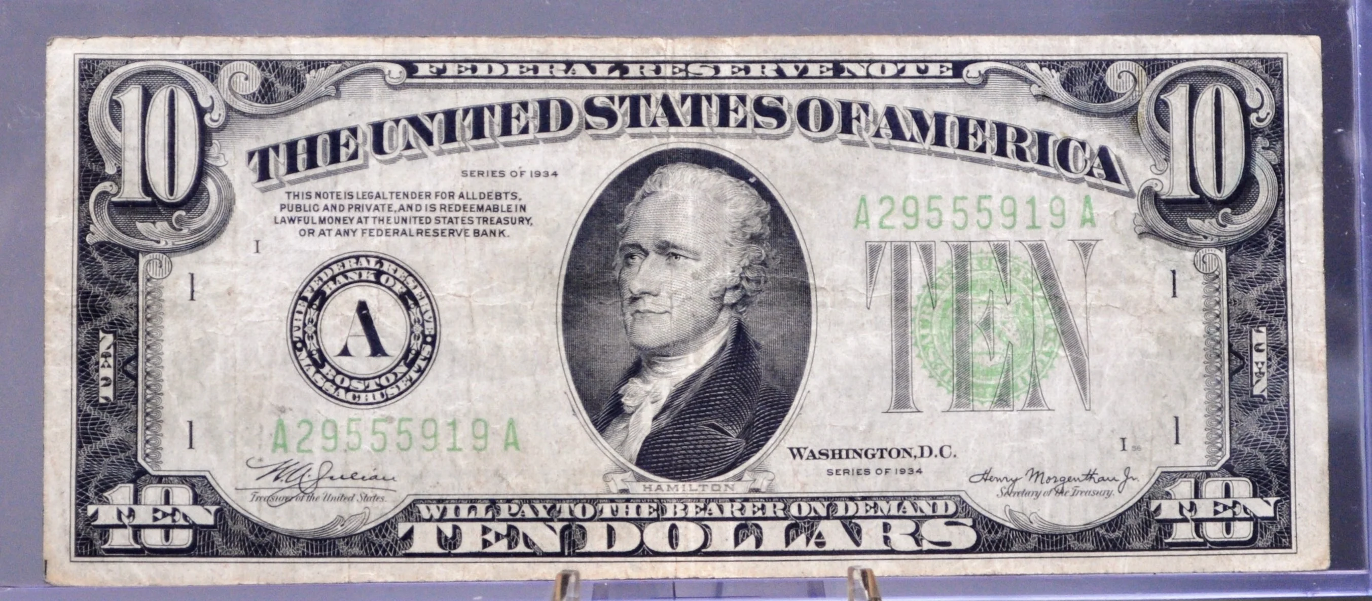 1934 Federal Reserve 10 Dollar Note - Light Green Seal (Lgs) - Almost Unc (AU) - Boston (A) Issue - 1934 Ten Dollar Boston Note - Fr#2004-A - Image 3