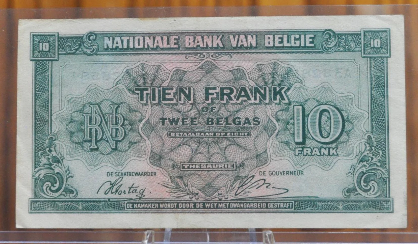 1943 National Bank of Belgium 10 Francs / 2 Belgas Note- WWII Era Note - 1943 Banque Nationale de Belgique Ten Francs/Two Belgas Note- P#122 - Image 2