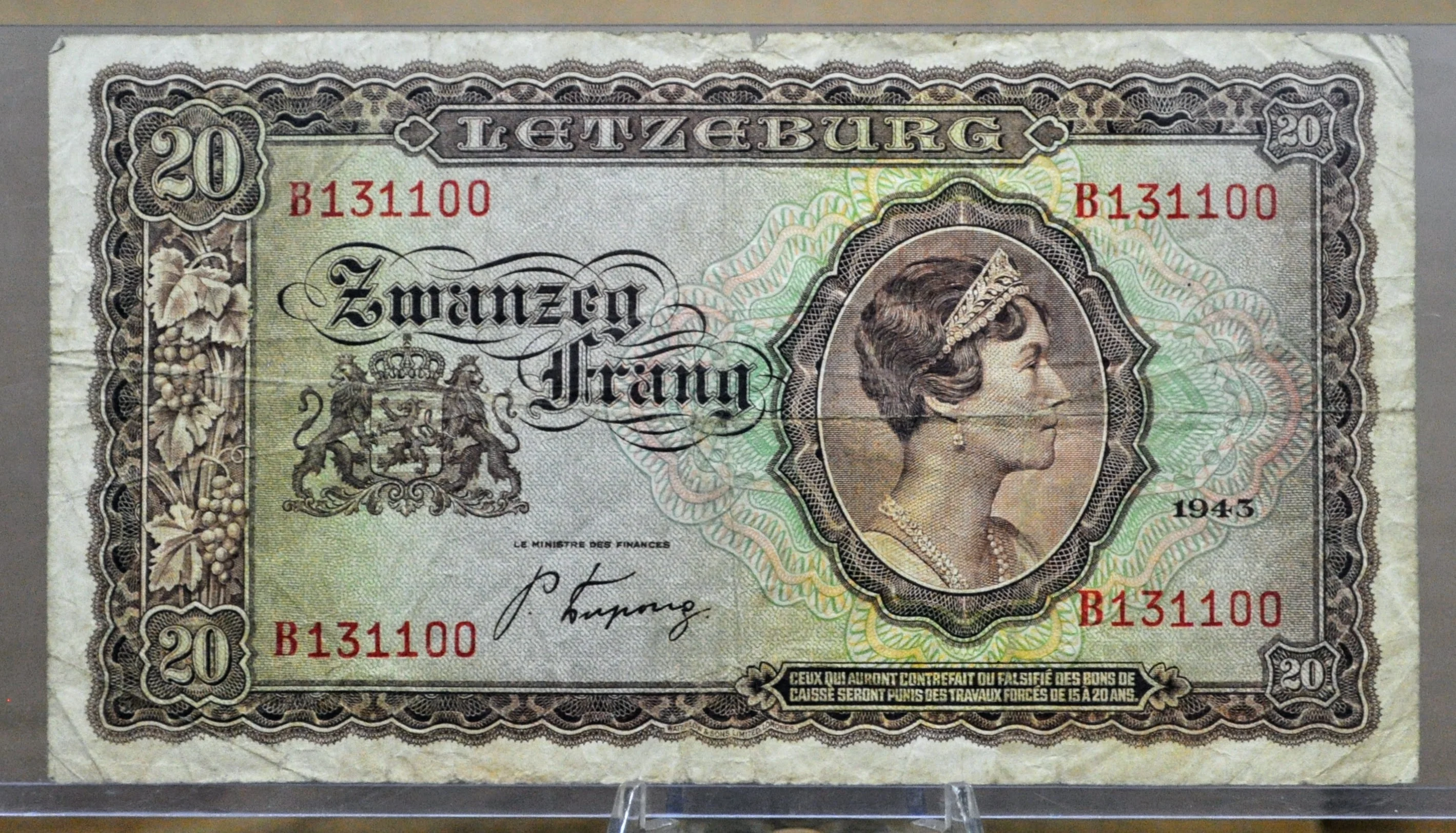 1943 Luxembourg 20 Francs Note - WWII Era Bank Note - Very Fine (VF) - 1943 Grand Duché De Luxembourg Twenty Francs Banknote - P#42