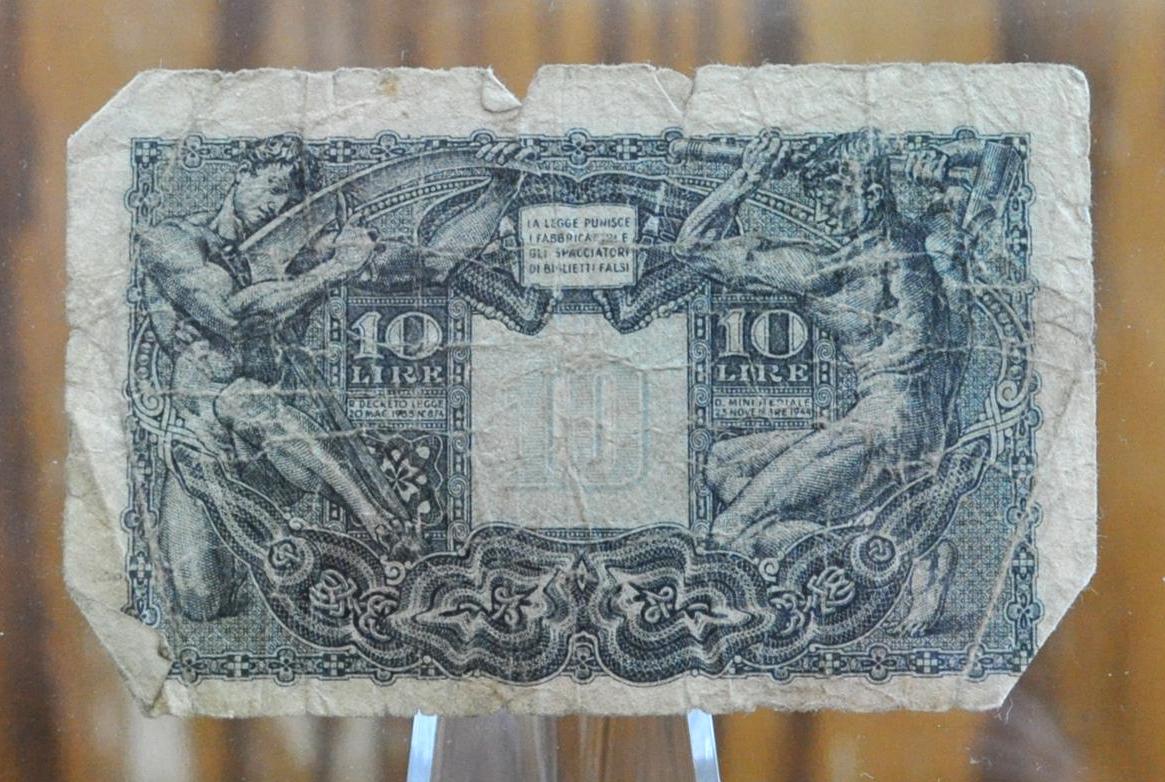 1944 Italy 10 Lire Banknote - Jupiter Profile Type - Bolaffi/Cavallaro/Giovinco Signatures - 1944 Italy Ten Lire Dieci Lire Banknote - P#32c - Image 2