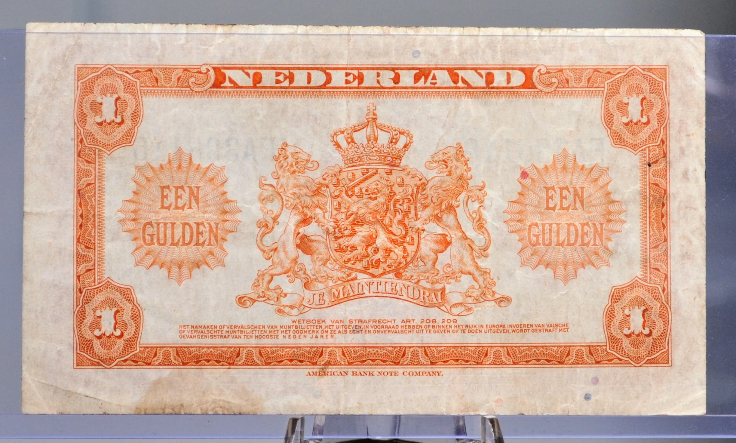 1943 Netherlands 1 Gulden Banknote - Rarer Left Facing Portrait - Muntbiljet Issue - WWII Era Netherlands One Gulden Note 1943 - P#64 - Image 4