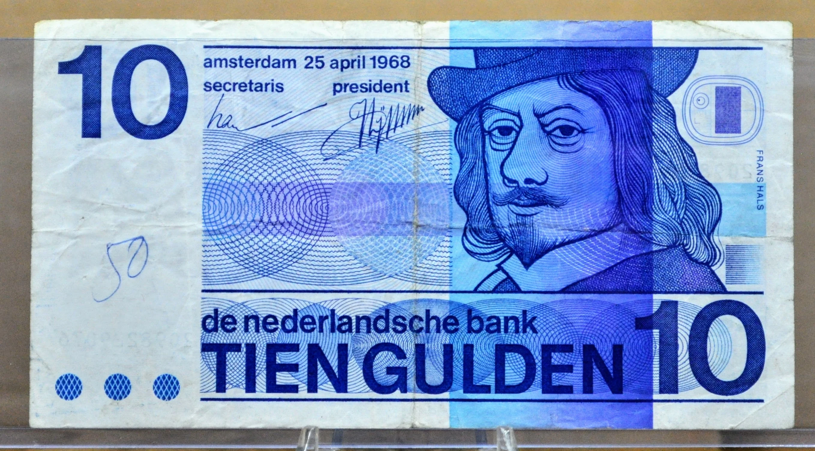 1968 Netherlands 10 Gulden Banknote - Plain Bullseye Reverse - Frans Hals Note - 1968 Netherlands Tien Ten Gulden Note - P#91b