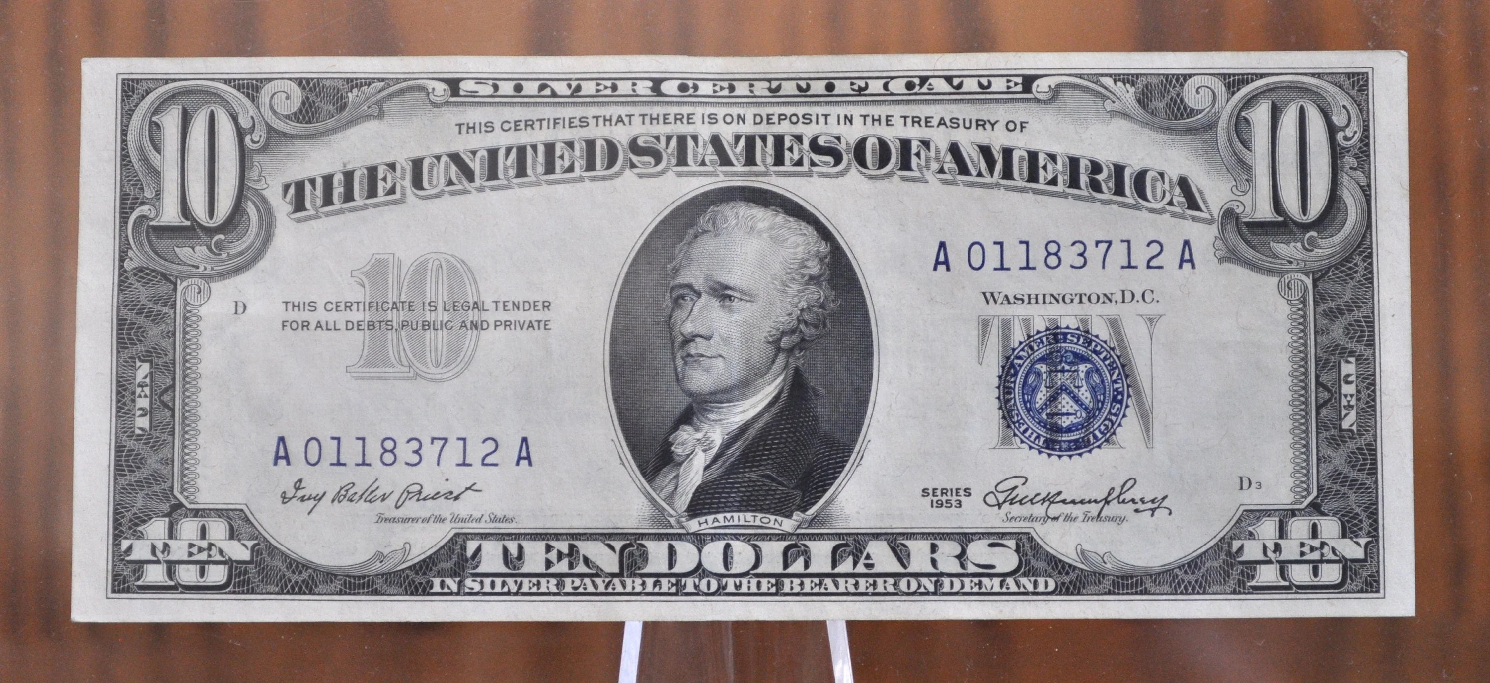 1953 Blue Seal 10 Dollar Silver Certificate Fr#1706- Choose by Grade / Condition - 1953 Ten Dollar Silver Certificate - Image 3
