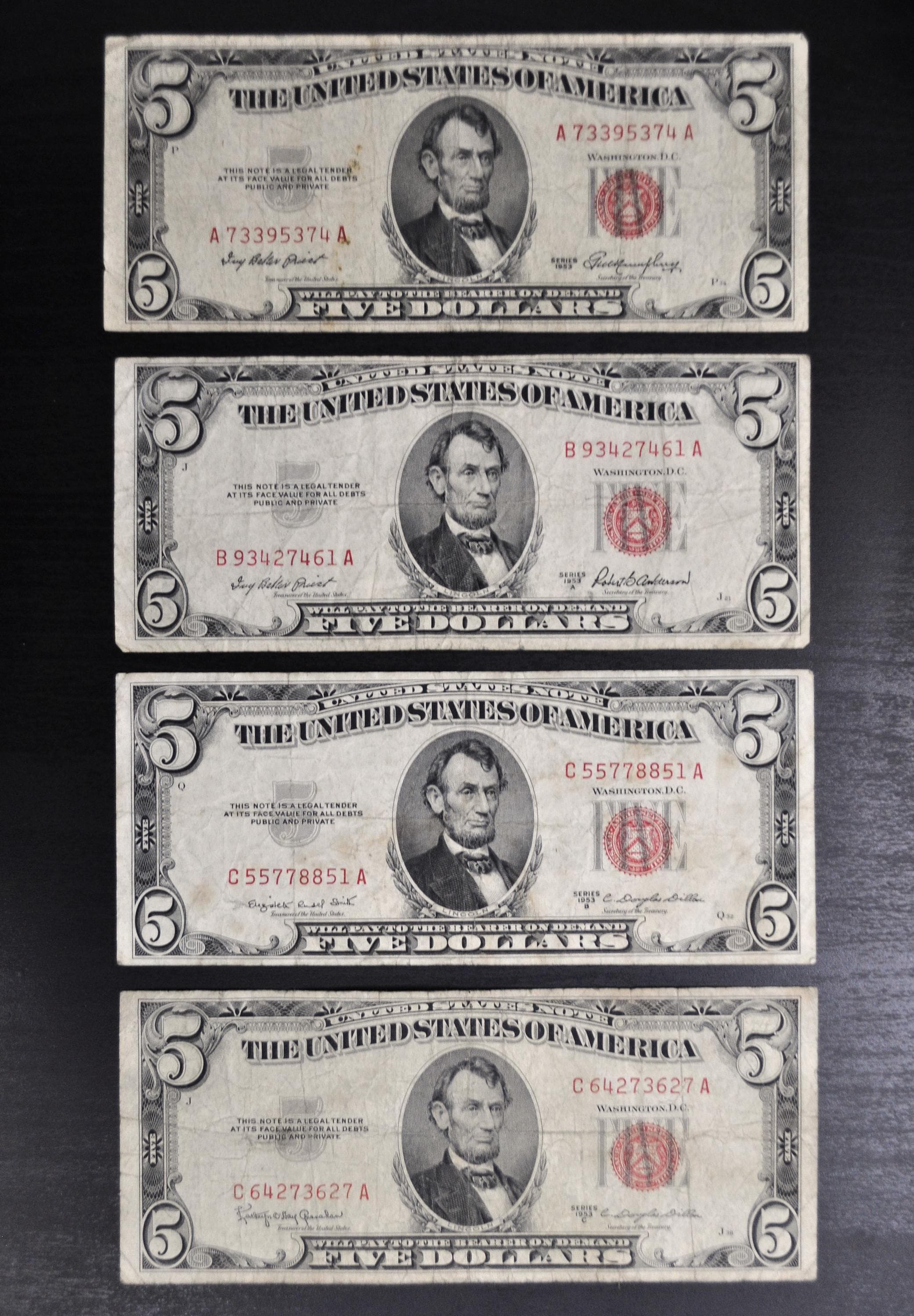 1953 Red Seal 5 Dollar Bill Fr#1532-1535 - Choose by Grade - Single Note or Series Set - 1953 Five Dollar Bill 1953, 1953A, 1953B, 1953C - Image 8