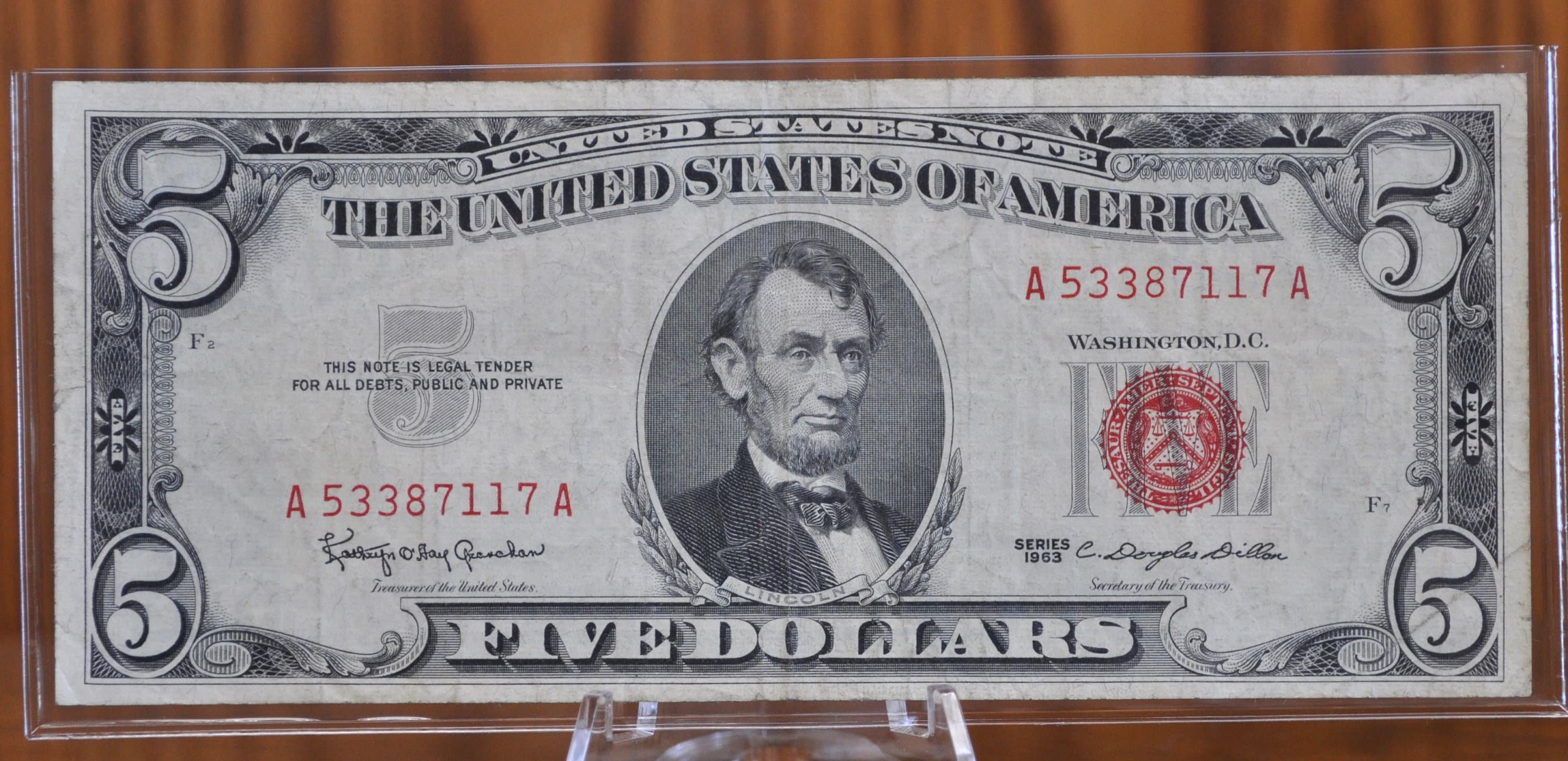 1963 5 Dollar United States Note Red Seal  - Fine to AU, Choose by grade - 5 Dollar Bill 1963 Five Dollar Red Seal  - Fr#1536 - Image 4