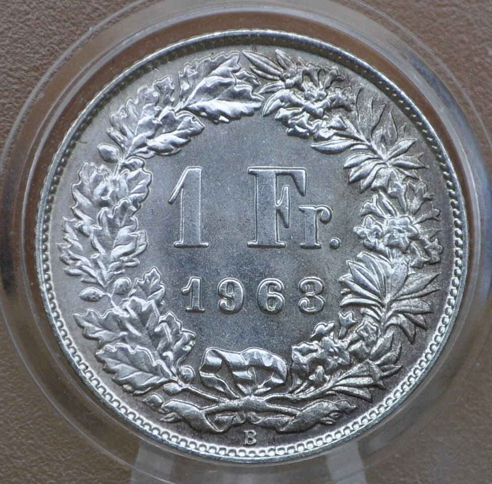 1963-B Swiss 1 franc, MS63 Choice Uncirculated 83.5% Silver Coin Gem BU Condition One Franc Silver Helvetica 1963 B Specimen - Image 2