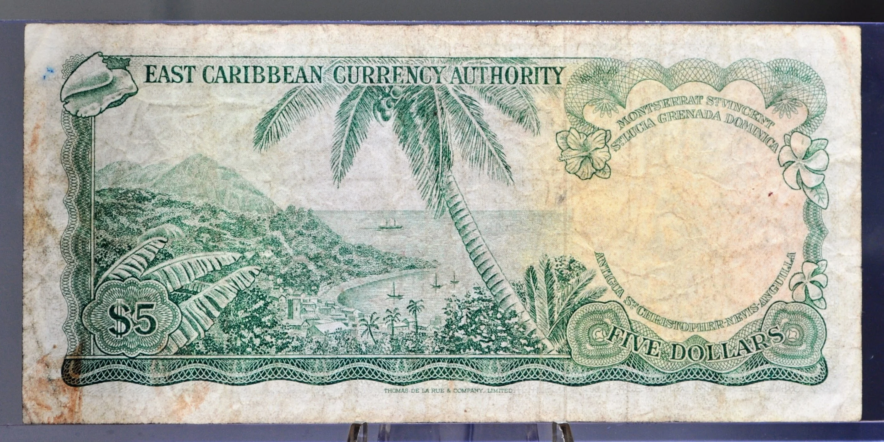 1965 East Caribbean States 5 Dollar Banknote - K Overprint, St. Kitts & Nevis Issue - 1965 British East Caribbean Five Dollar Note - P#14l - Image 2